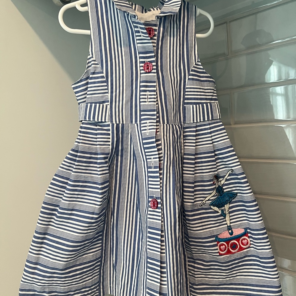 Girls Blue and White Striped Button-Front Dress with Embroidered Ballerina